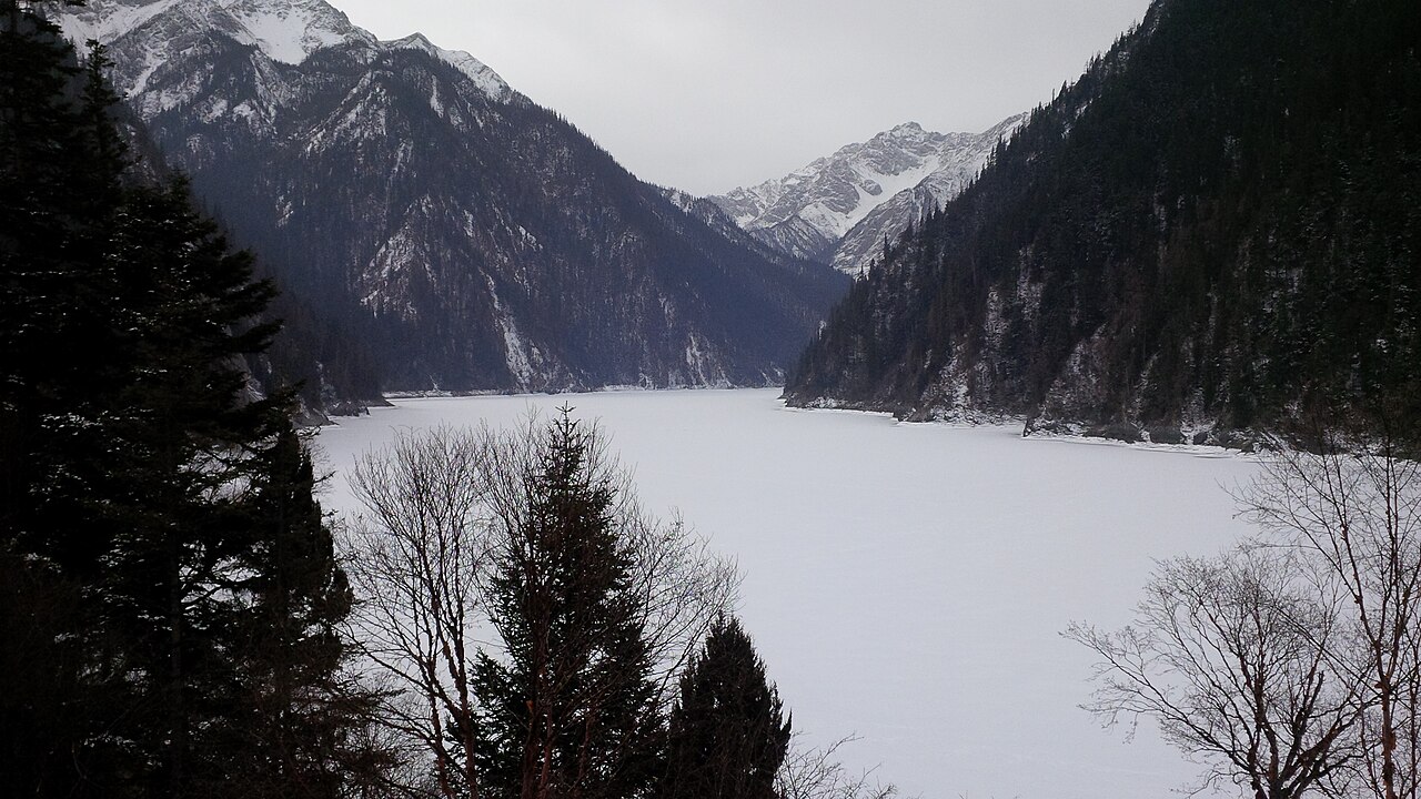 九寨沟森林后的雪峰